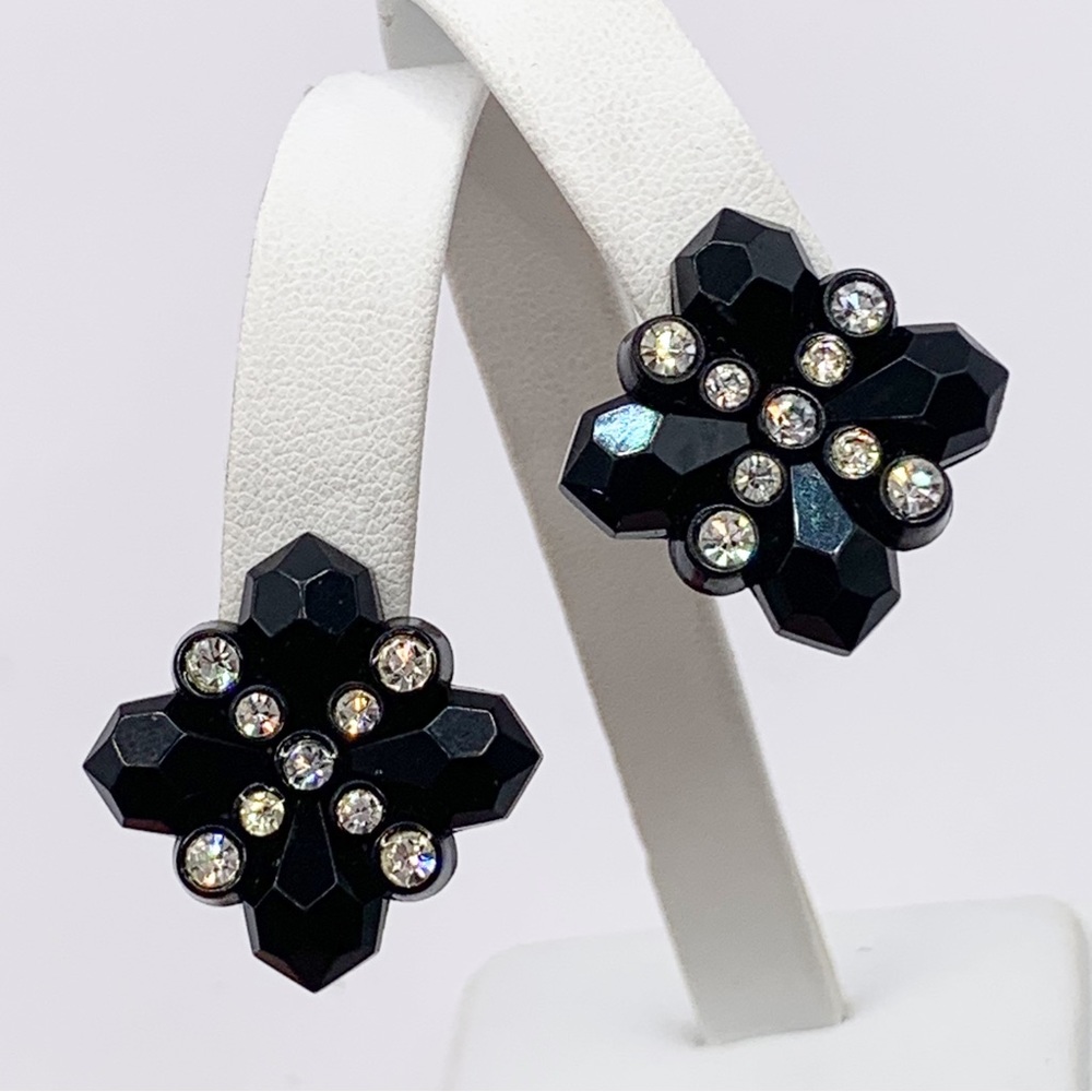 Avon vintage black acrylic and rhinestone lightweight clip on earrings 1980s